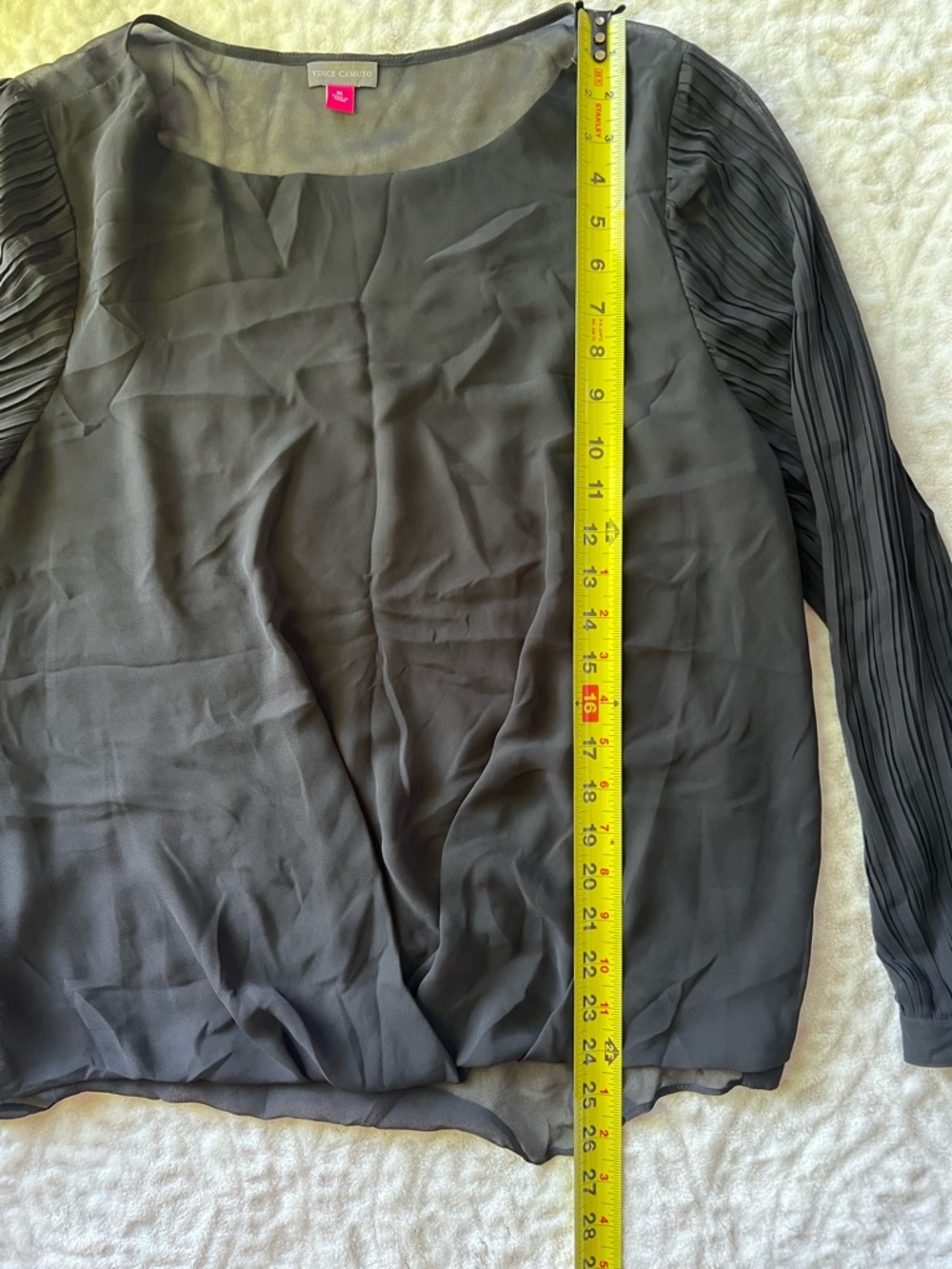 Vince Camuto Elegant Black Scoop Neck Sheer Blouse With Pleated Sleeves |Size XL - Picture 5 of 8